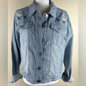 Driftwood Pinstripe Floral Embroidered Denim Jacket, Size XL, NWT